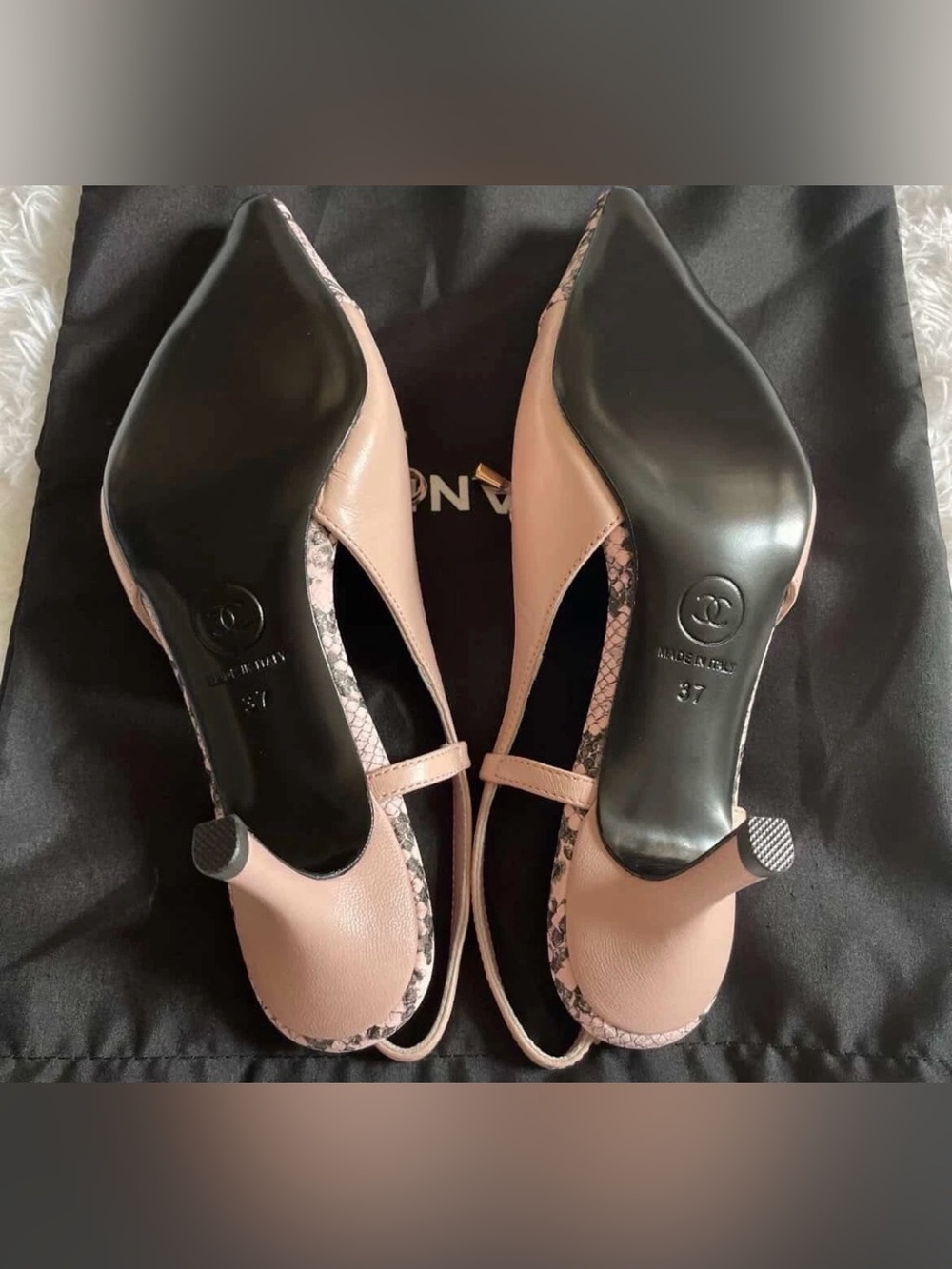 CHANEL Pink Leather & Python-Print Pointed Slingback Heels EU 37 - Picture 5 of 5
